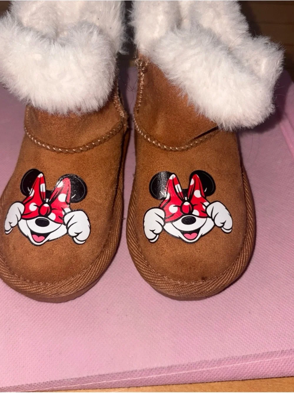 Kids Tan Shearling Boots with Red Logo